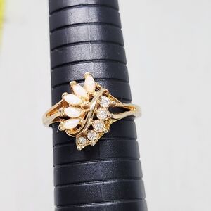 Vintage Uncas Gold-Tone Cocktail Bypass Ring W Faux Opal & Cz Cluster Size 12